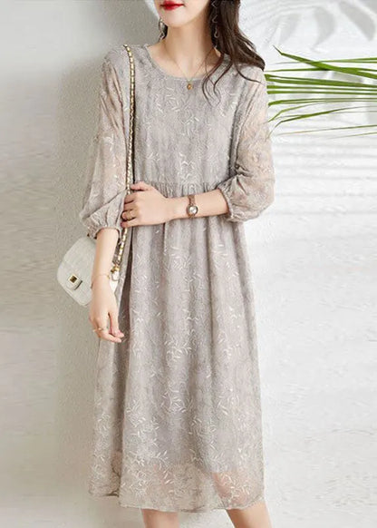Light Grey Cinched Embroidered Chiffon Vacation Dresses Three Quarter Sleeve