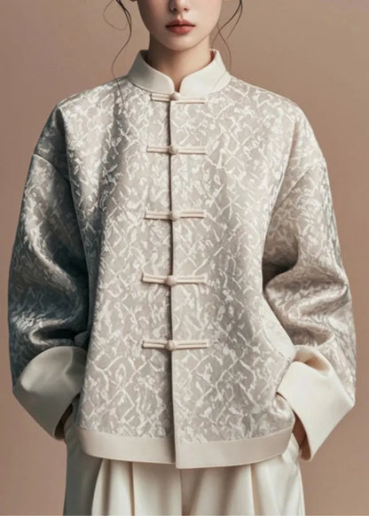 Natural Light Grey Stand Collar Print Coats Fall