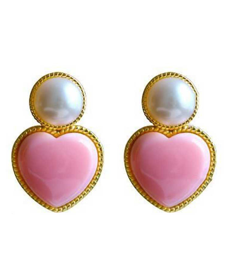 Pink Sterling Silver Overgild Love Pearl Stud Earrings