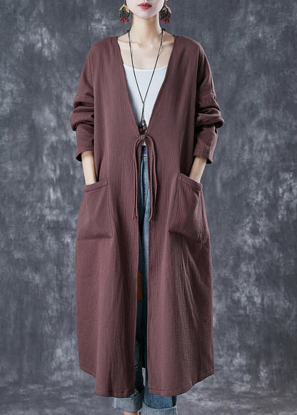 Classy Chocolate Oversized Chinese Button Linen Long Cardigan Spring