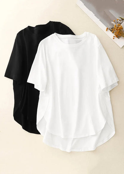 Simple White O Neck Low High Design Cotton T Shirts Summer