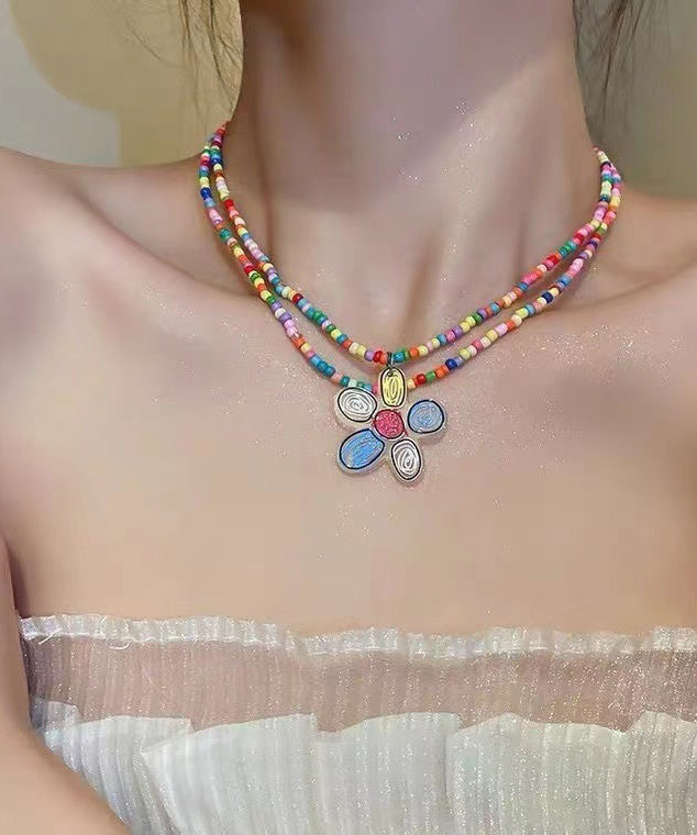 Rainbow Alloy Double Layer Beading Pendant Necklace