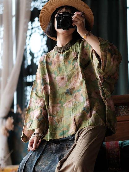 Autumn Flower Stand Collar Ramie Blouse
