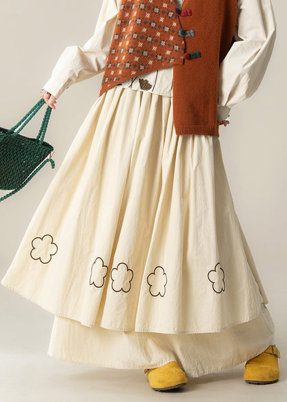 Art Beige Embroidered Exra Large Hem Cotton Skirt Spring