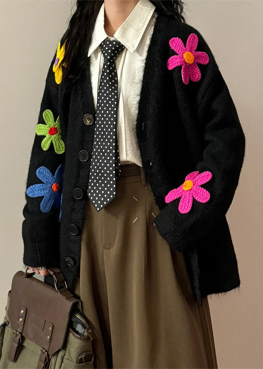 Loose Black V Neck Button Knit Coats Spring