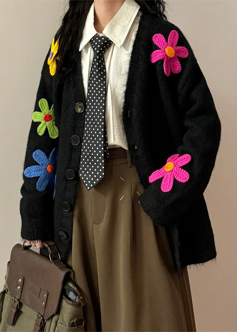 Loose Black V Neck Button Knit Coats Spring