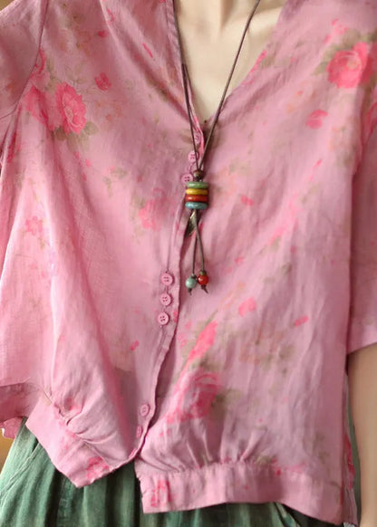Italian Gray Texture V Neck Print Button Linen Top Half Sleeve