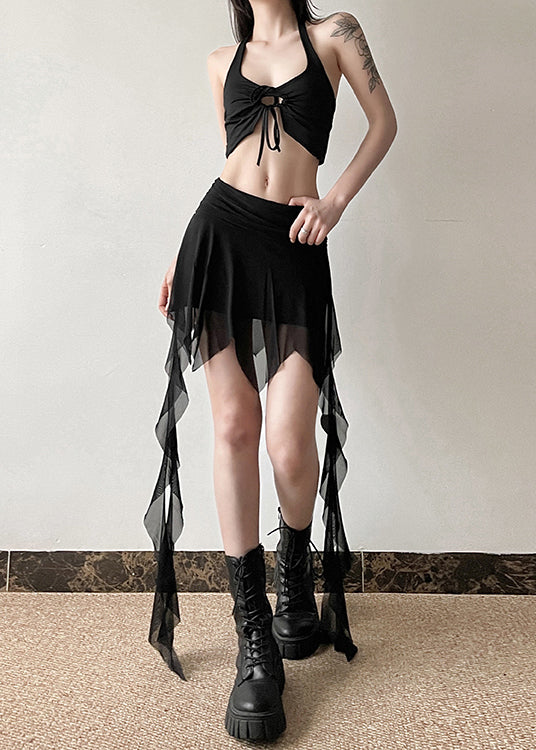 French Tulle Patchwork Ribbon High Waisted Asymmetrical Skirts