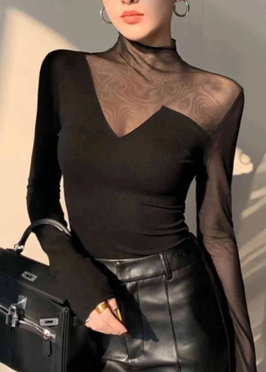 Club Black Turtleneck Patchwork Hollow Out Tulle Top Spring