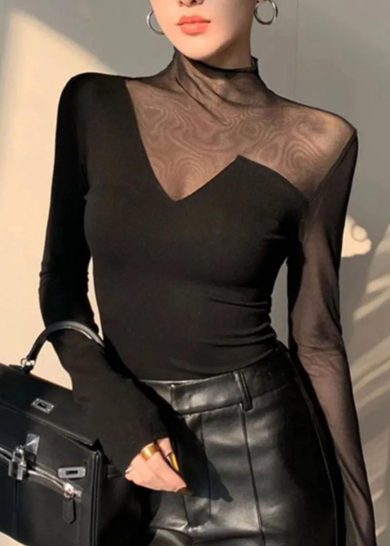Club Black Turtleneck Patchwork Hollow Out Tulle Top Spring