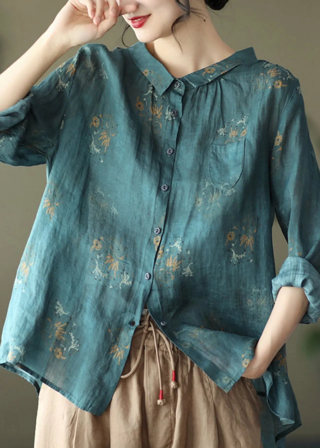 Retro Peacock Grey Peter Pan Collar Print Button Wrinkled Shirts Long Sleeve