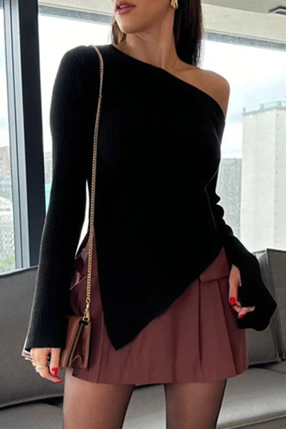 Color Slit Irregular Oblique Collar Sweaters