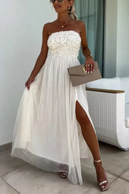 Romance and Lightness Tulle Texture Pleated Patchwork Strapless Slit Maxi Dress