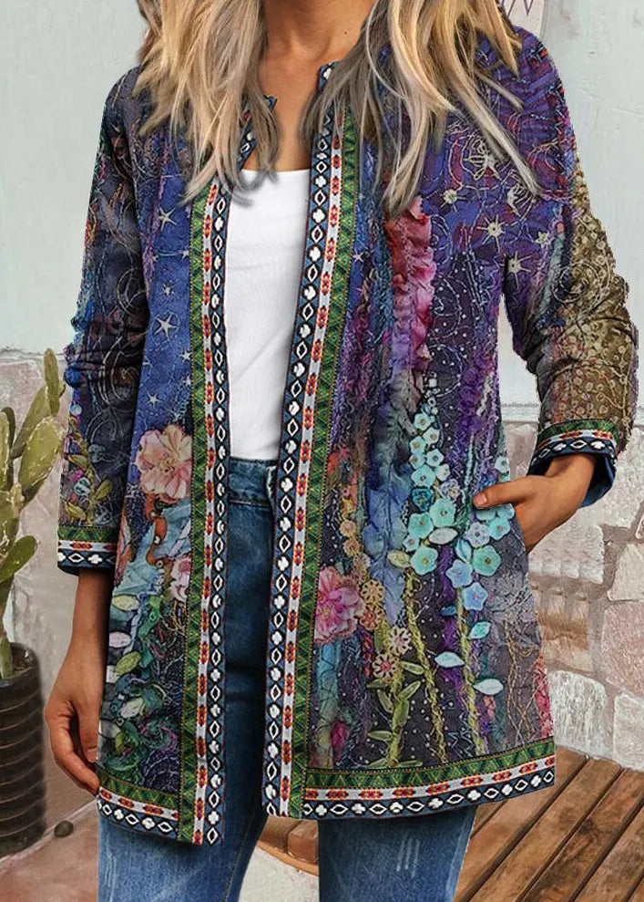 O-neck Print Pockets Woolen Cardigans Fall