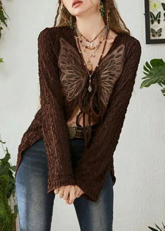 Brown Butterfly Lace Up Patchwork Knitting Cotton Cardigan Spring