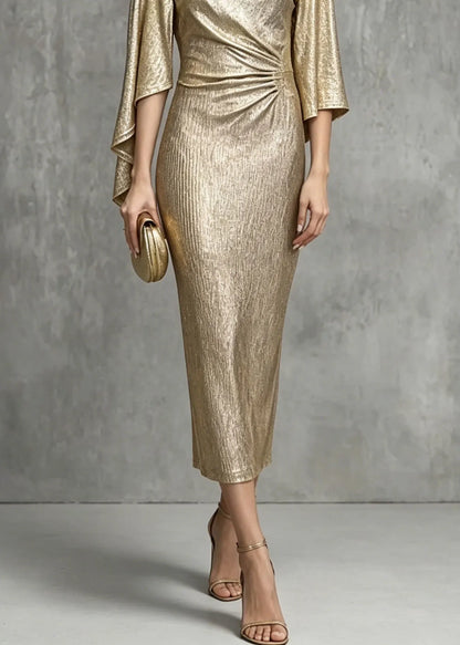 Champagne Asymmetrical Design Zircon Wrinkled Dress Summer
