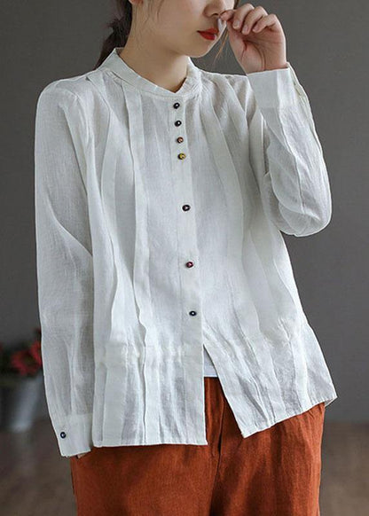White Linen Retro Wrinkled Fall Tie Waist Long Sleeve Shirt Tops