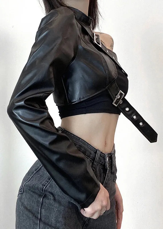 Black Asymmetrical Original Design Faux Leather Coats Spring