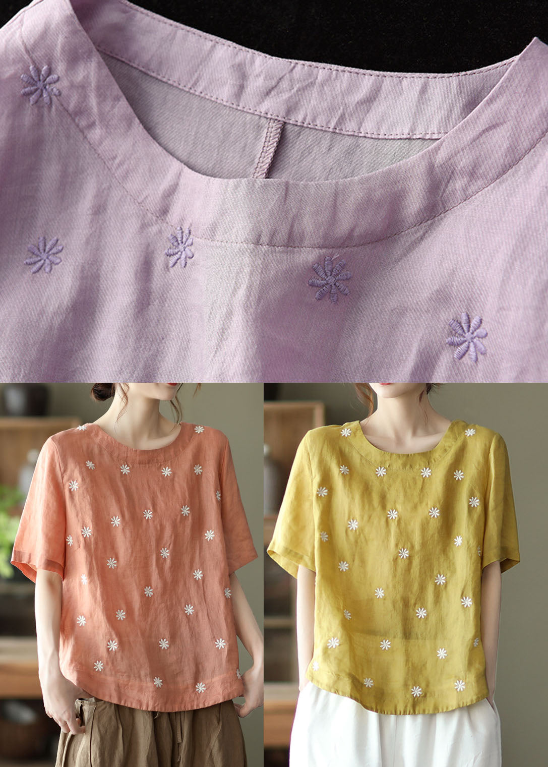 Yellow O-neck Linen Shirt Top Short Sleeve