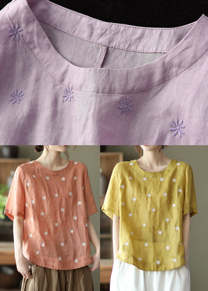 Light Purple Embroidered Linen Shirts Short Sleeve