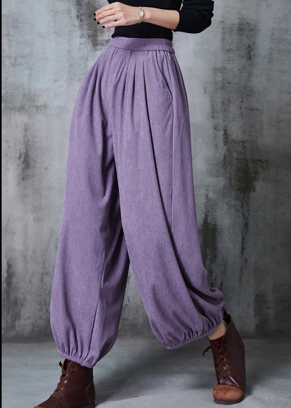 Purple Elastic Waist Corduroy Pants Spring