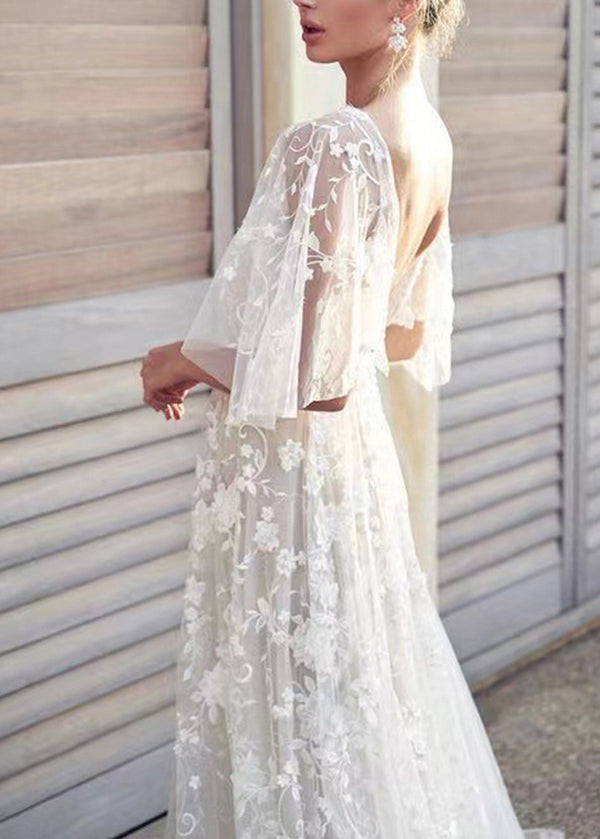 Stylish White V Neck Backless Lace Dresses Summer