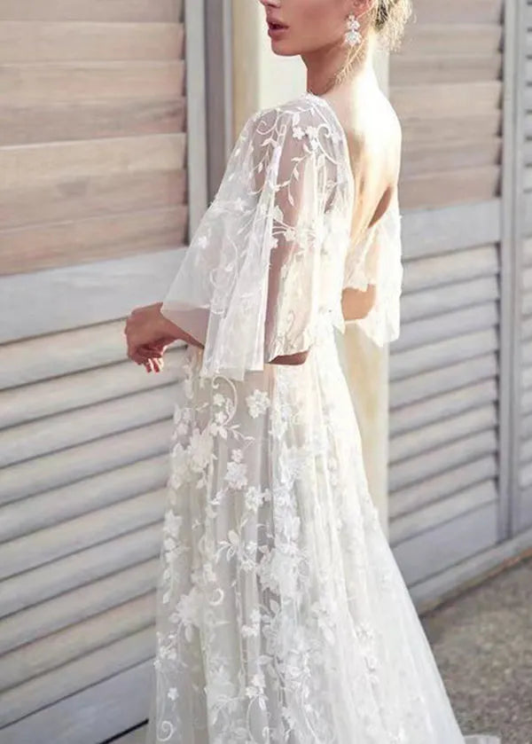 Stylish White V Neck Backless Lace Dresses Summer