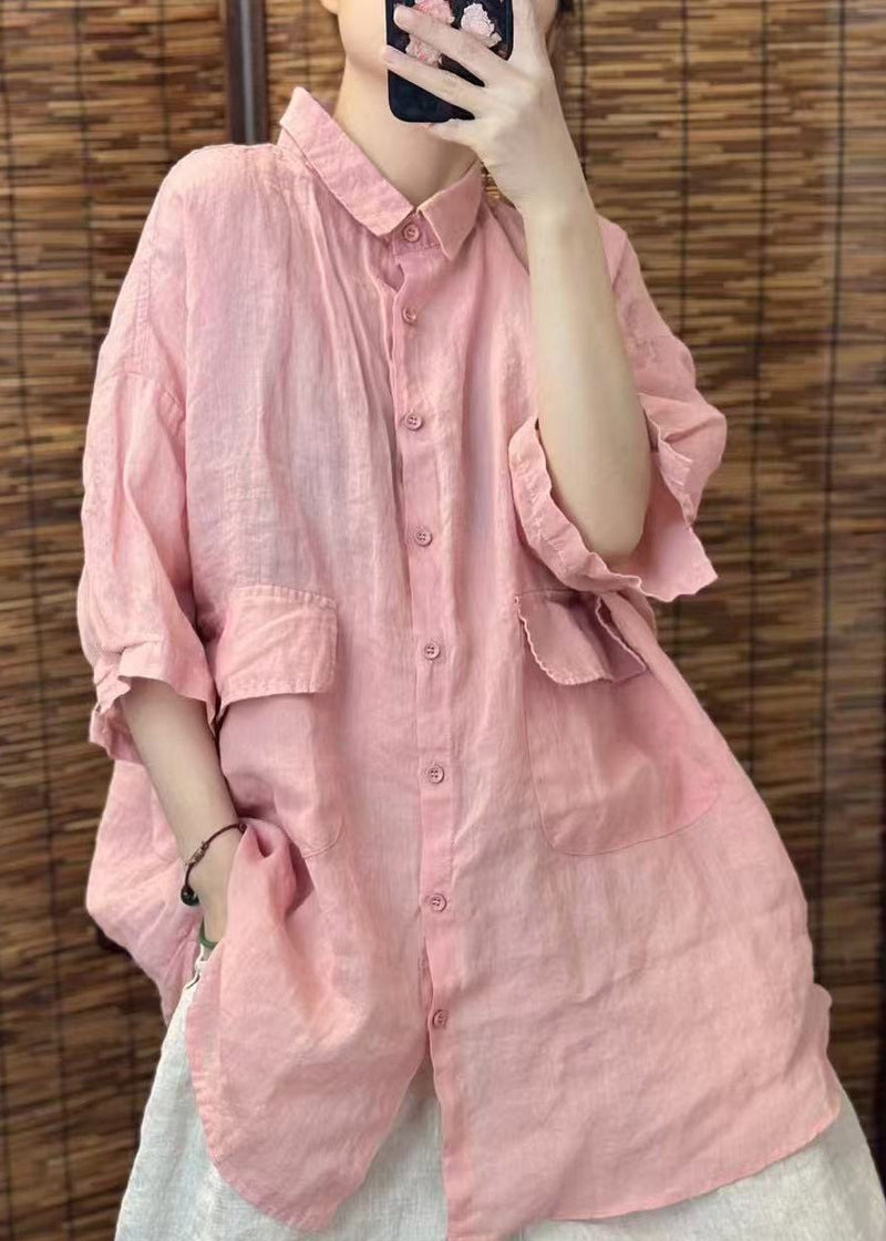 Red Oversized Pockets Linen Blouses Summer