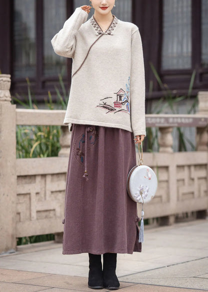 Red V Neck Oriental Button Embroidered Knit Tops Winter