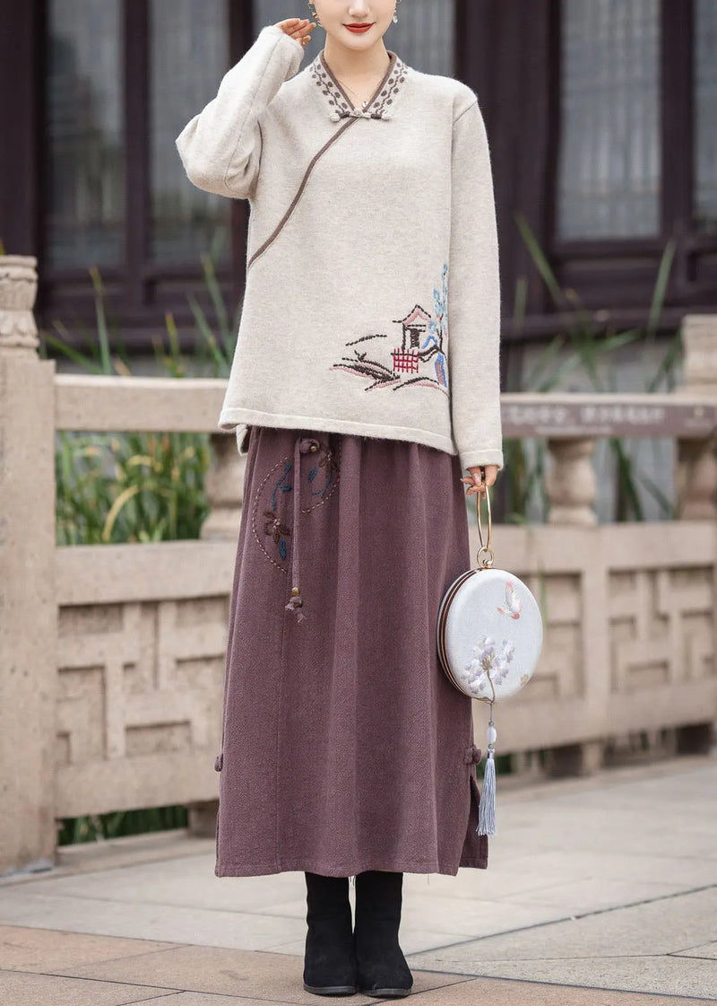 Red V Neck Oriental Button Embroidered Knit Tops Winter