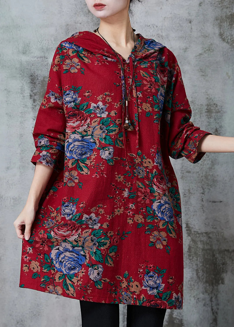 Red Oversized Print Cotton Loose Sweatshirts Dress Spring