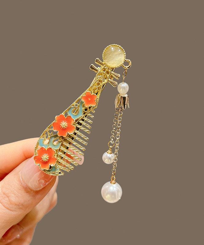 Gold Metal Pearl Tassel Lute Hairpin
