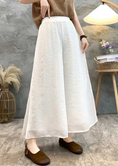 Loose White Side Open Elastic Waist Linen Crop Pants Summer