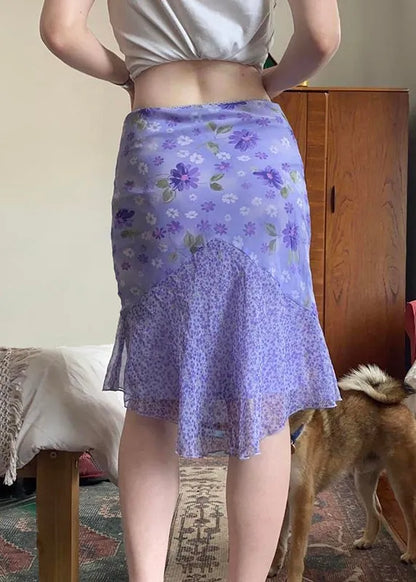 Purple Zippered Print Patchwork Chiffon Skirt Summer