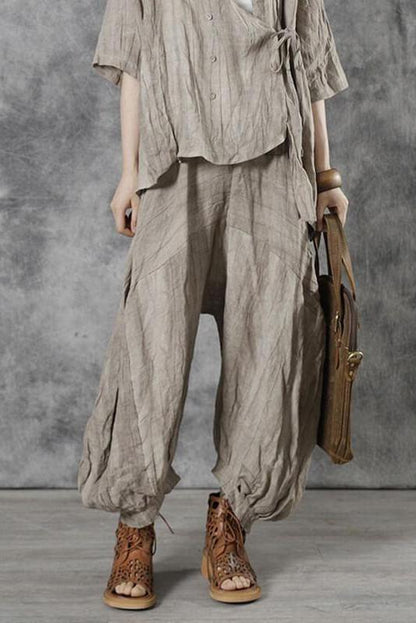 Linen Pleated Elastic Waist Pocket Lantern Pants
