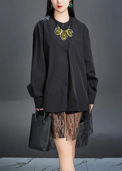 New Black O-neck Button Cotton Shirt Fall