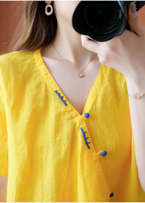 Yellow V Neck Embroidered Cotton Blouses Short Sleeve