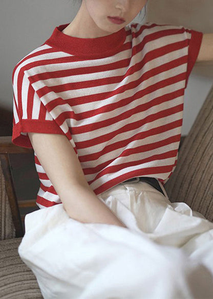 Blue O Neck Striped Cotton T Shirts Top Summer