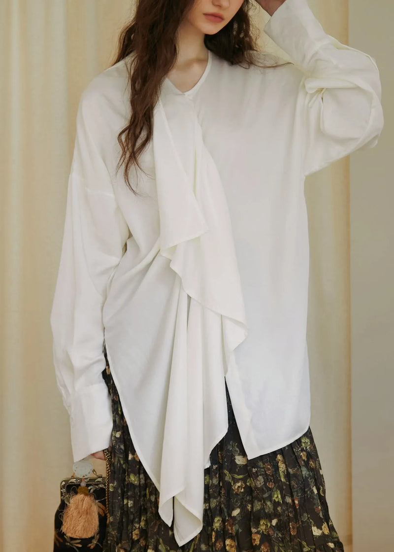 Stylish White Ruffled Asymmetrical Design Cotton Blouses Fall