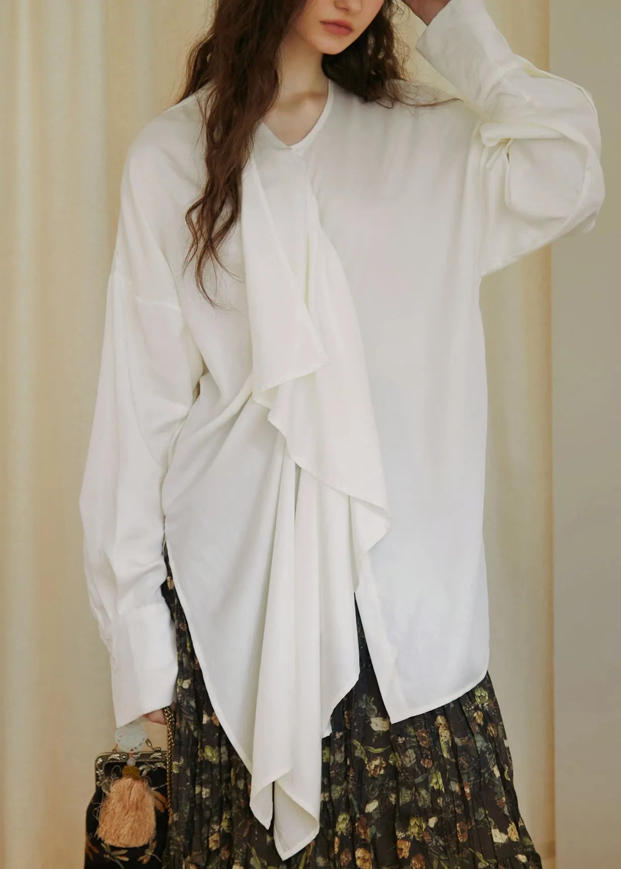Stylish White Ruffled Asymmetrical Design Cotton Blouses Fall