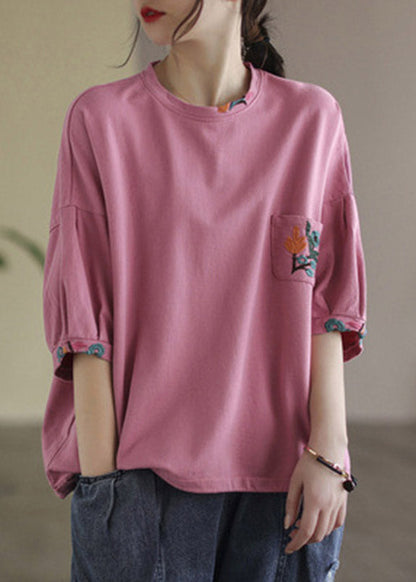 Vogue Pink O-neck Embroidered T Shirt Half Sleeve