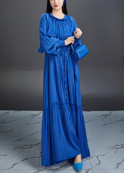 Blue Ruffled Tie Waist Cotton Maxi Dress Fall