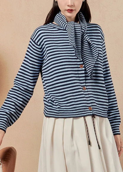 Blue Scarf Striped Button Knit Sweater Winter