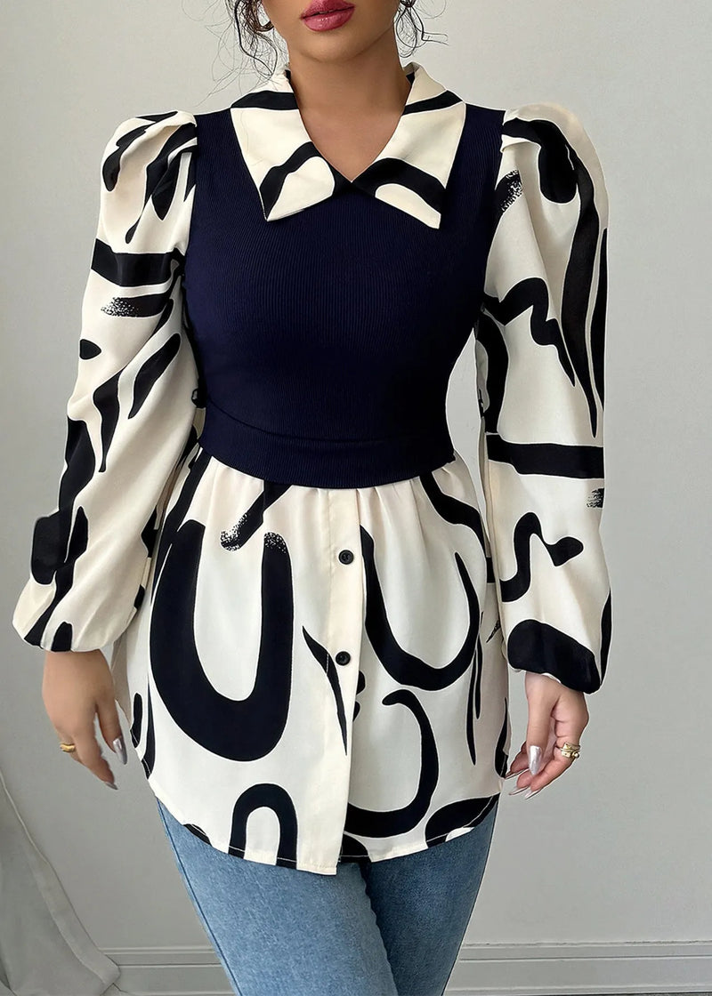 New Black Peter Pan Collar Knit Patchwork Chiffon Shirts Long Sleeve