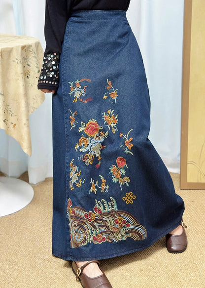 Blue Embroidered Denim a Line Skirt Summer