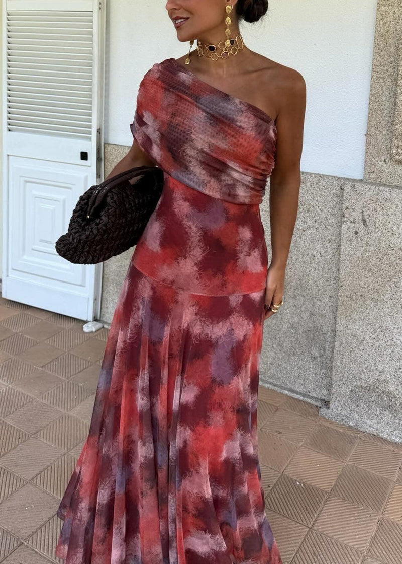 Stylish Red Cold Shoulder Print Tulle Long Dress Summer