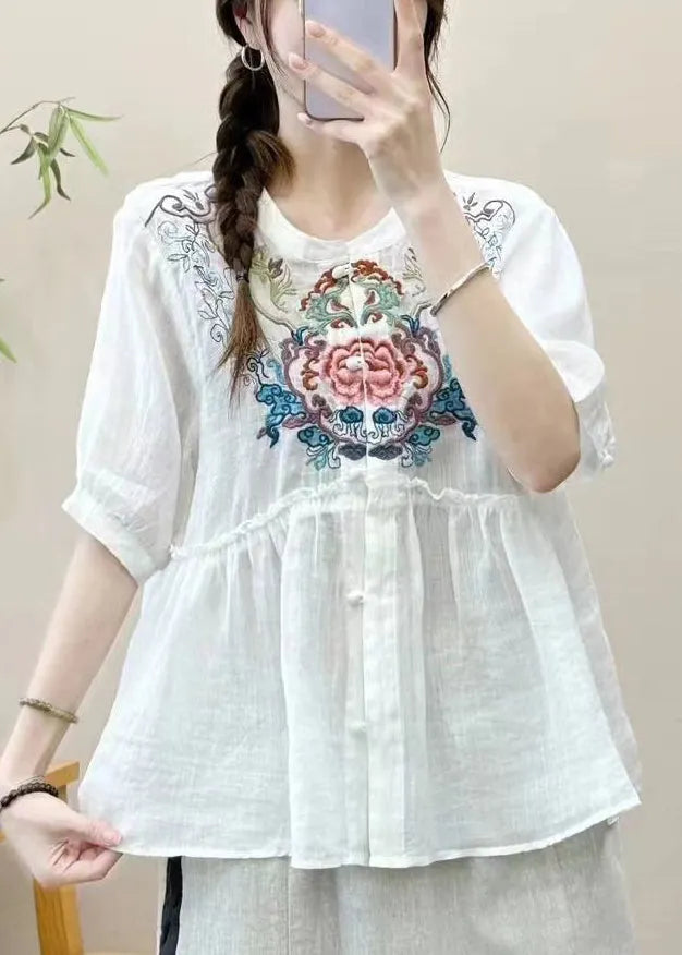 White Ruffled Button Linen Summer Shirts Embroidered