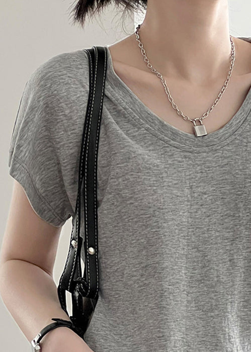 Grey Cotton T Shirt Top O Neck Short Sleeve