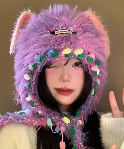 Purple Thick Warm Fuzzy Fur Knit Bonnie Hat