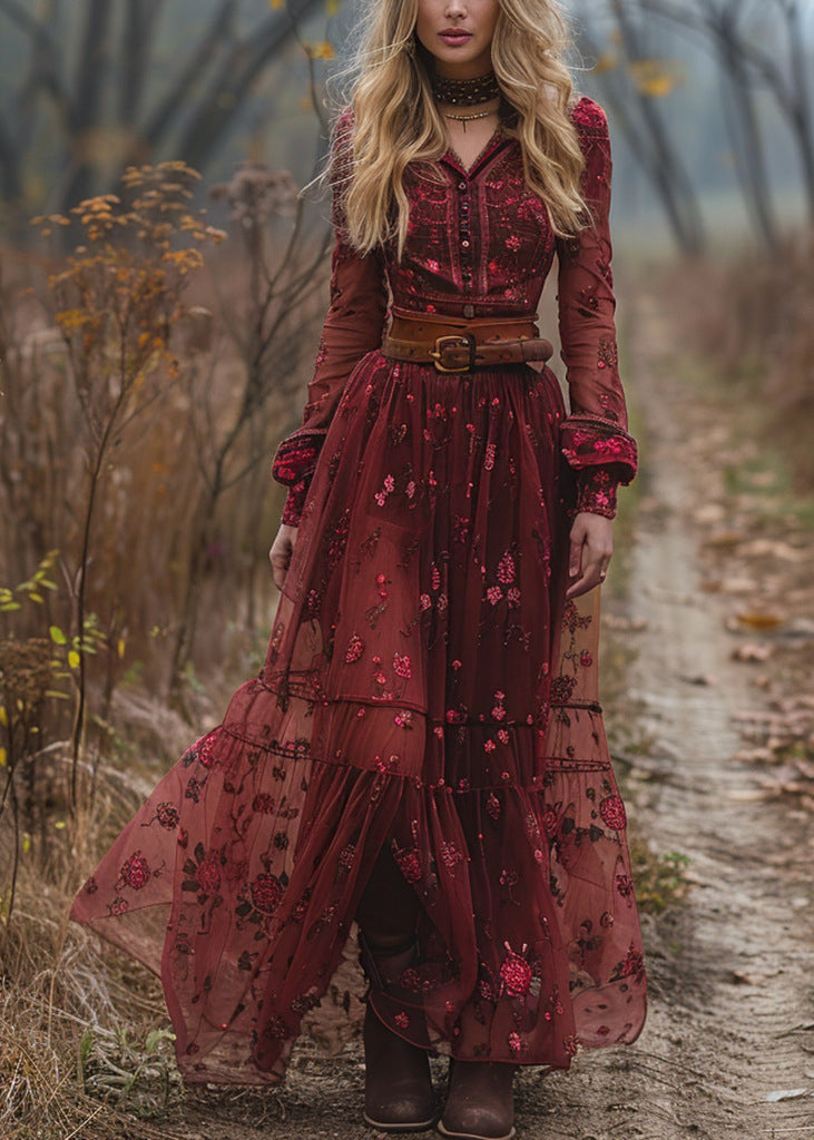 Loose Red Print Patchwork Exra Large Hem Tulle Dresses Fall